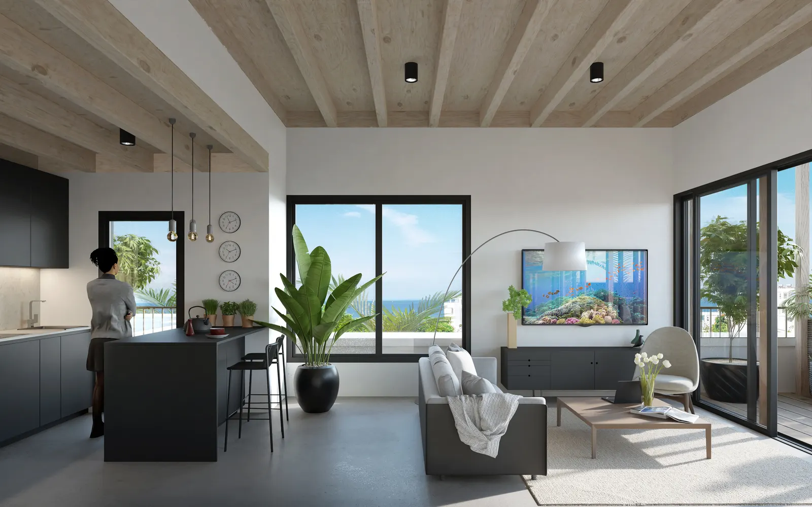 Skyloft with panoramic view, Living area (sample rendering)