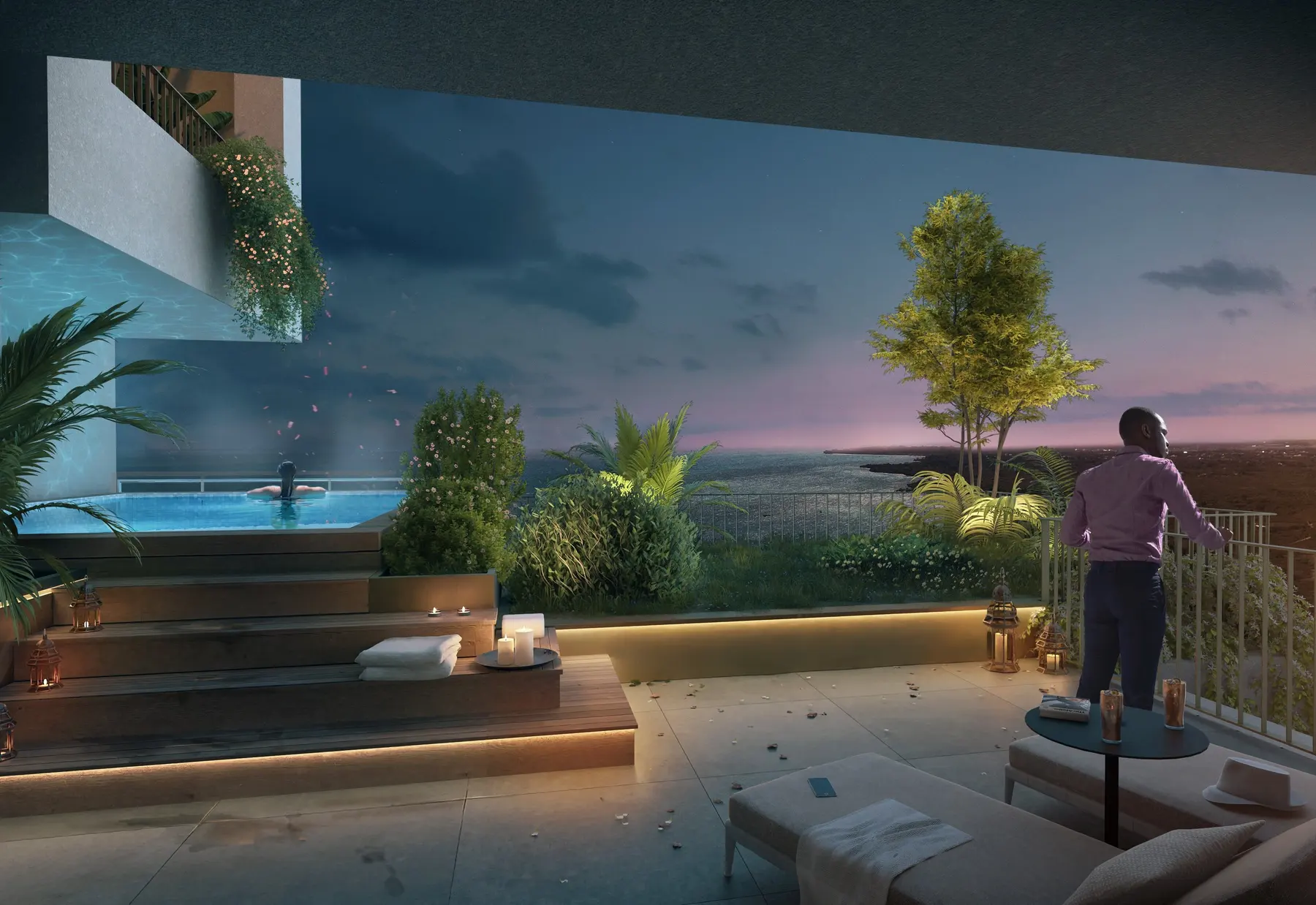 Visualisierung einer Dachterrasse mit Pool am Abend