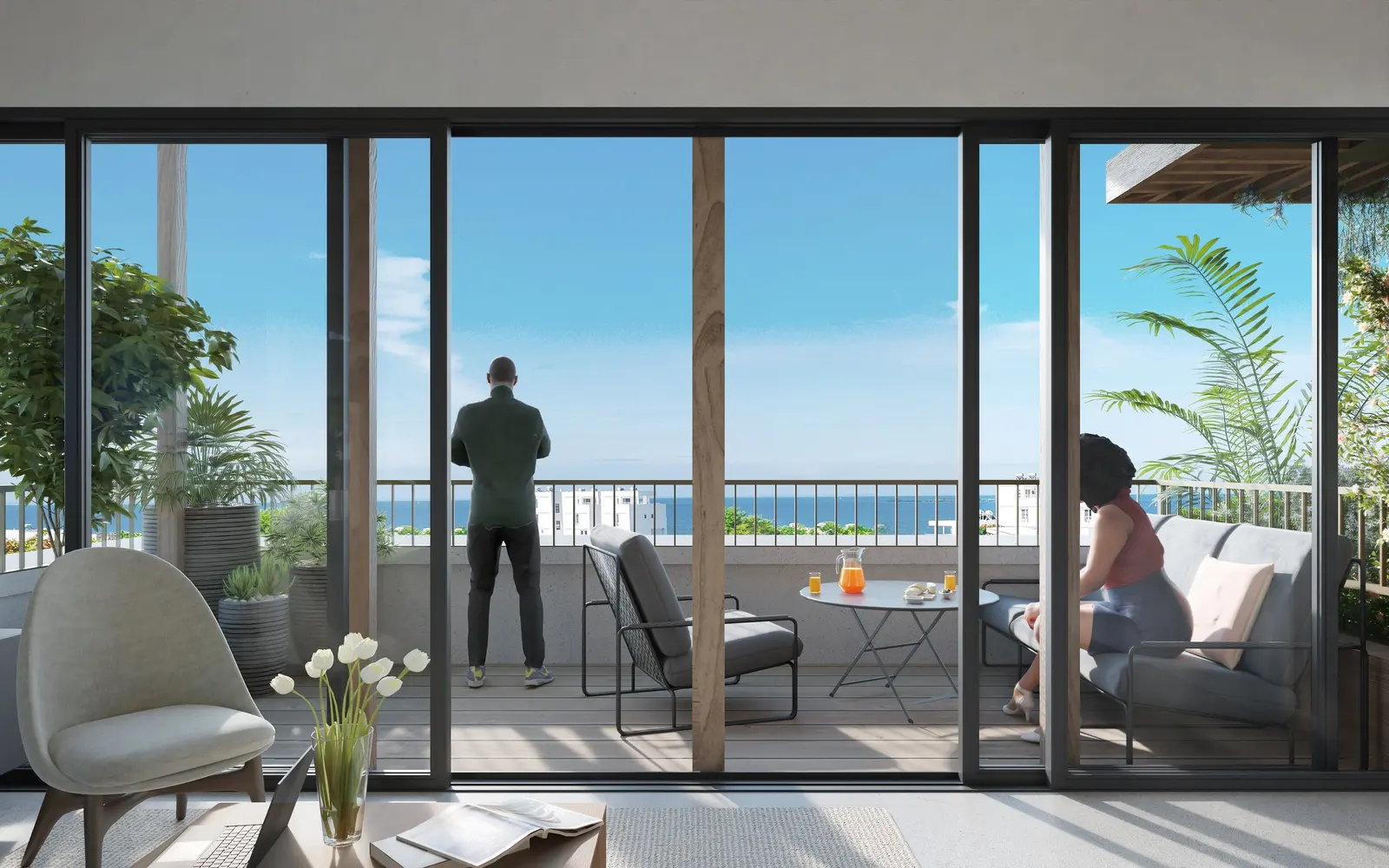 Wohnbereich eines Mwangani Skyloft mit Blick aufs Meer